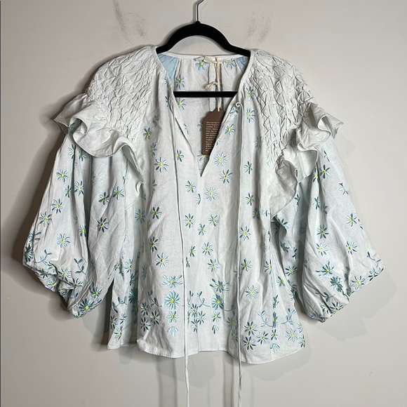 Forever That Girl Anthro | Ruffle-Sleeve Smocked Linen Blouse Size Medium NWT - Picture 2 of 7